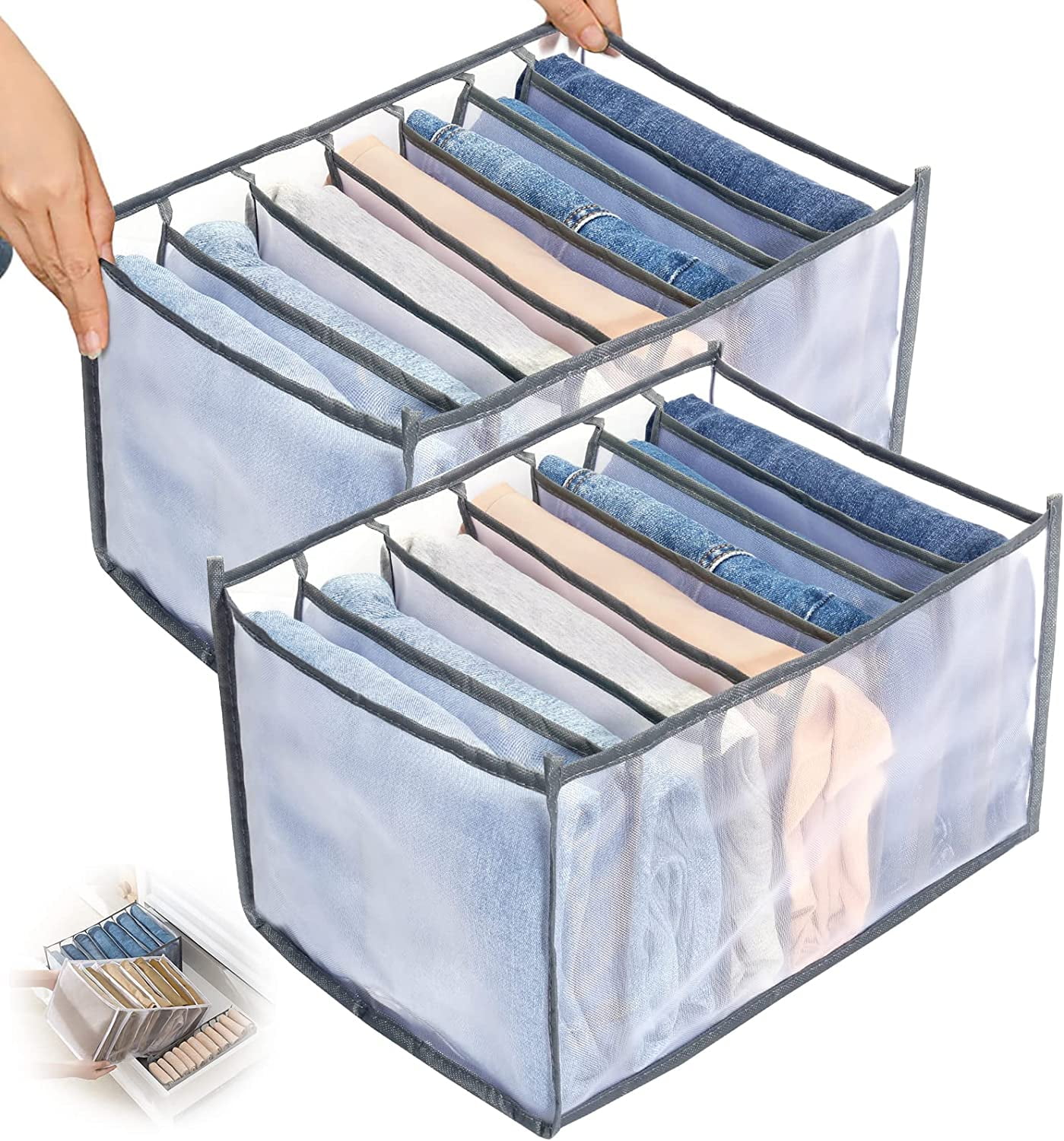 Wardrobe Clothes Organizer for Jeans, Upgraded Drawer Organizers for Clothing with Handle Foldable, Drawer Organizers Clothes(Gray,1PCS-M) 2PCS-7 Cell(L+ M)