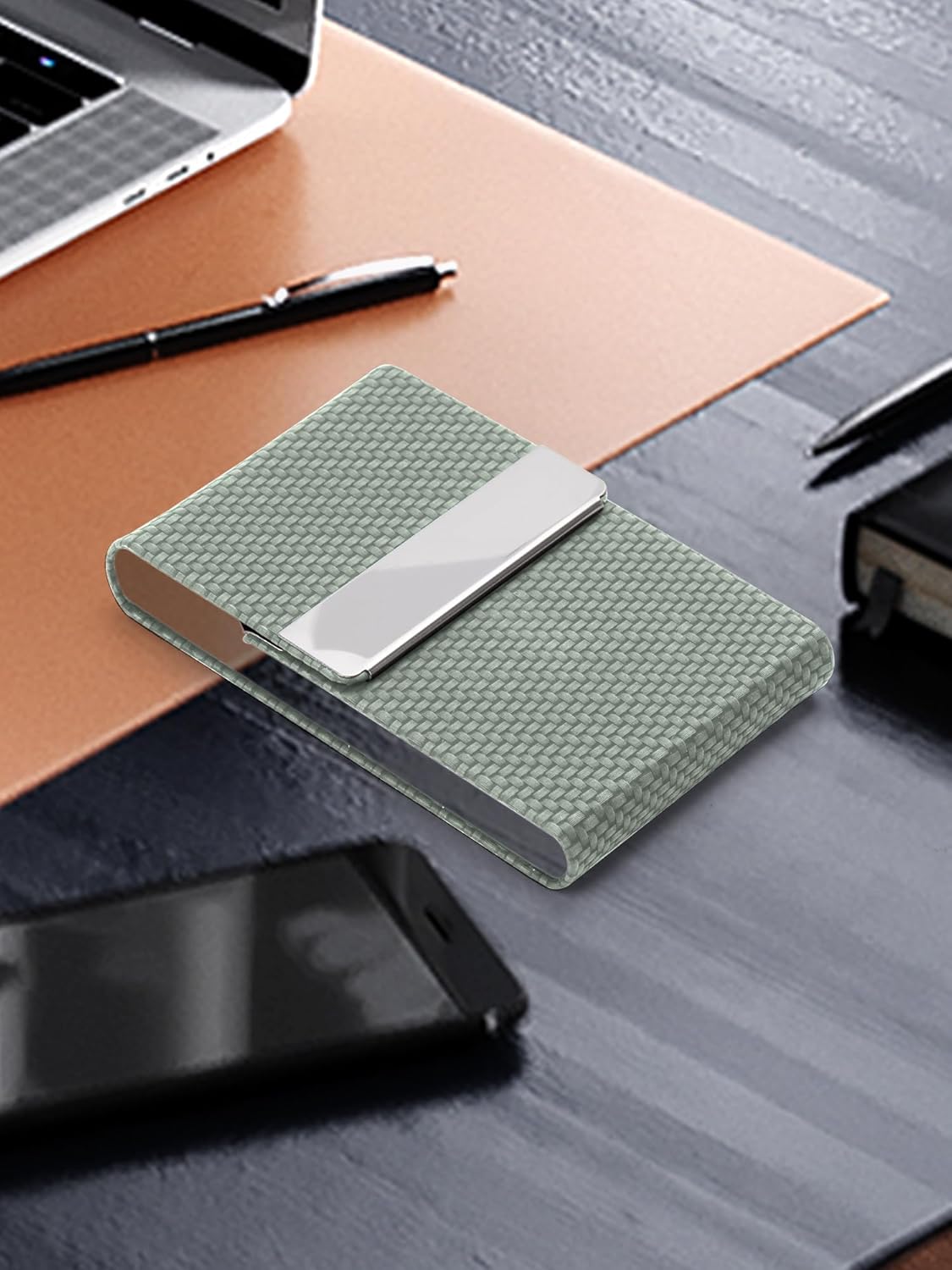 Men's Leather & Stainless Steel Magnetic Business Card Holder - Premium PU Leather & Metal Card Case - Forest Green — image 5