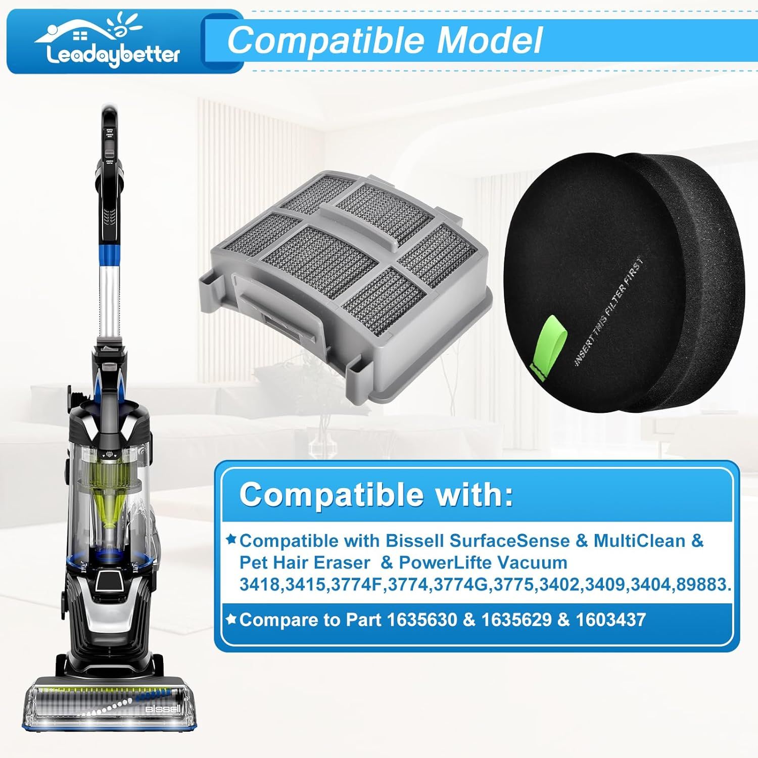39883 Vacuum ilter or Bissell Pet Hair Eraser 39883 3418 3774 3409 3774 3774G 3775 3415 3404 3402 SuraceSense Vacuums, Model 1635630 & 1635629 — image 3