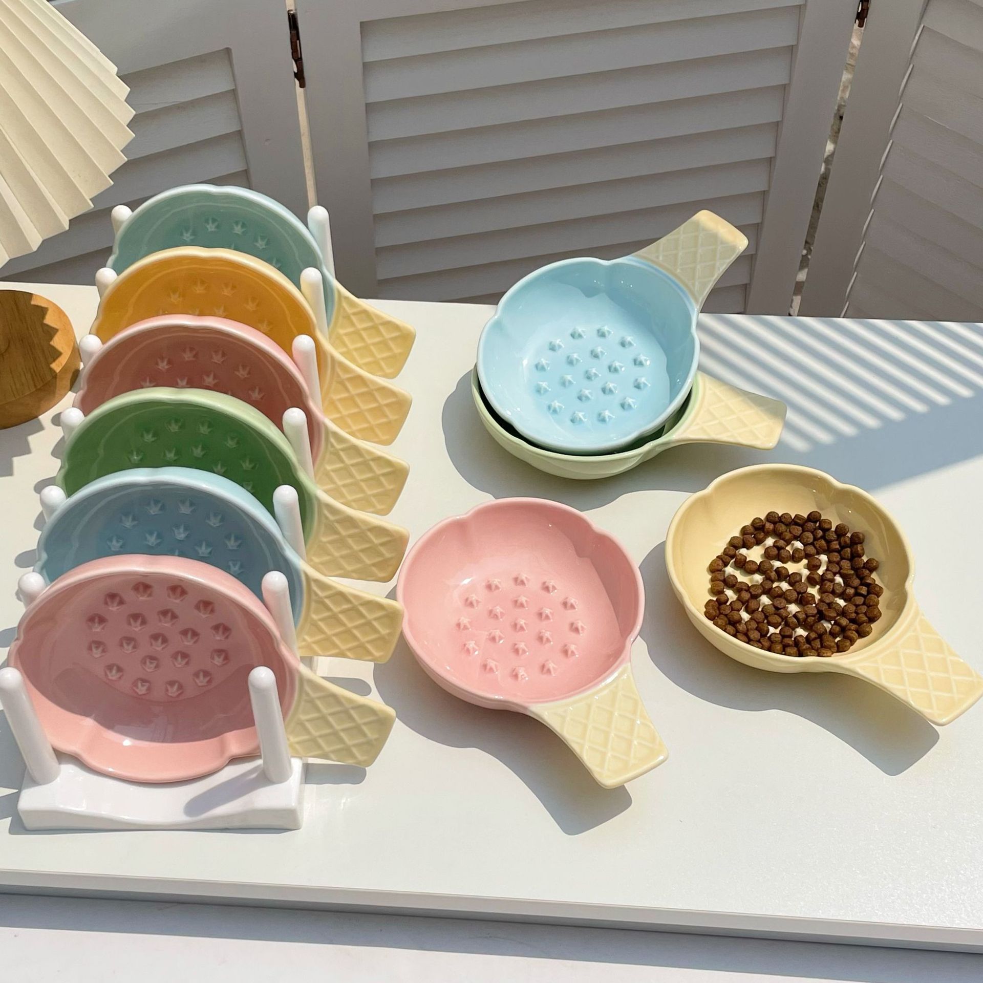2 Pcs Pink and Yellow Adorable Ice Cream Cone Ceramic Slow Feeder Pet Bowl - Fun Anti-Gulp Design for Cats & Dogs โ image 4