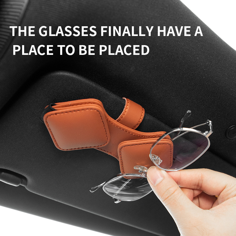 2 Pcs Brown Car Sun Visor Glasses Holder Clip with Dual Magnetic Clamps - PU Leather, Anti-Slip, and Multi-Functional Storage — image 3