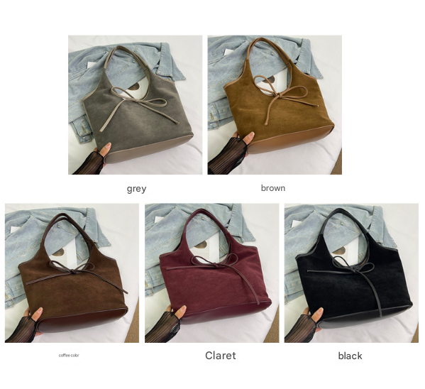 Black Chic Retro Suede-Finish PU Leather Tote Bag - Large Capacity Shoulder Bag with Tie Accent — image 2
