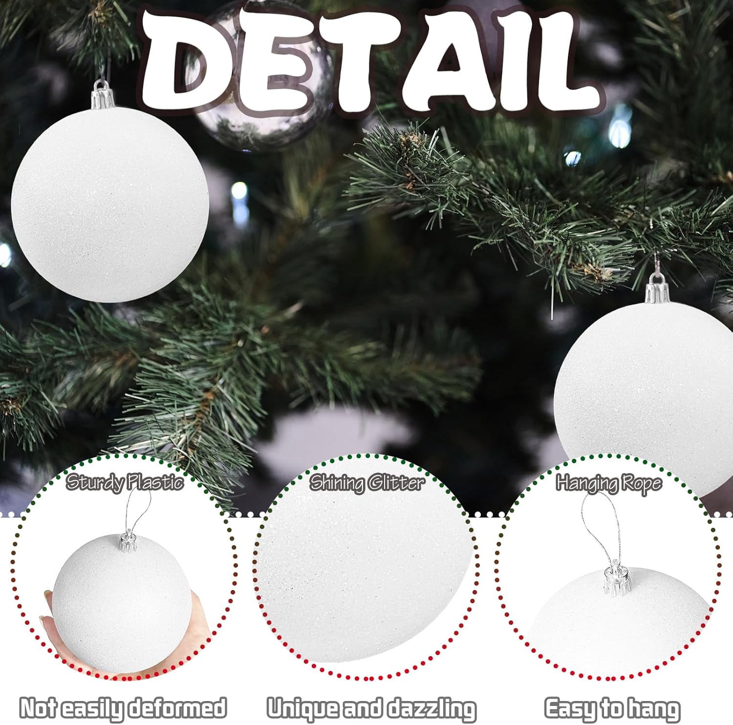 Large 4 in White Glitter Christmas Ornament Balls(4 Pcs),Xmas Sequin Christmas Ball,White Sparkly Hanging Ball Ornament for Tree Home Wedding Party — image 3