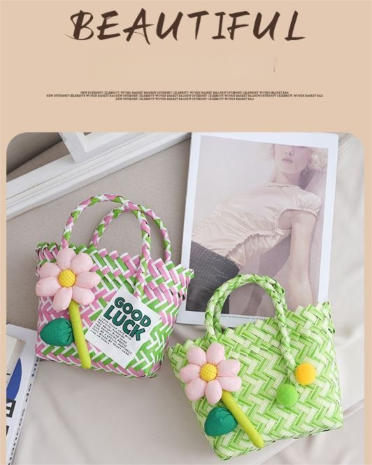 Handwoven Fresh PP Tote Bag with Upright Square Structure & Flower Deco, Durable Mini Spring Picnic Basket and Favour Handbag 16x16x9cm, Pink Yellow โ image 4