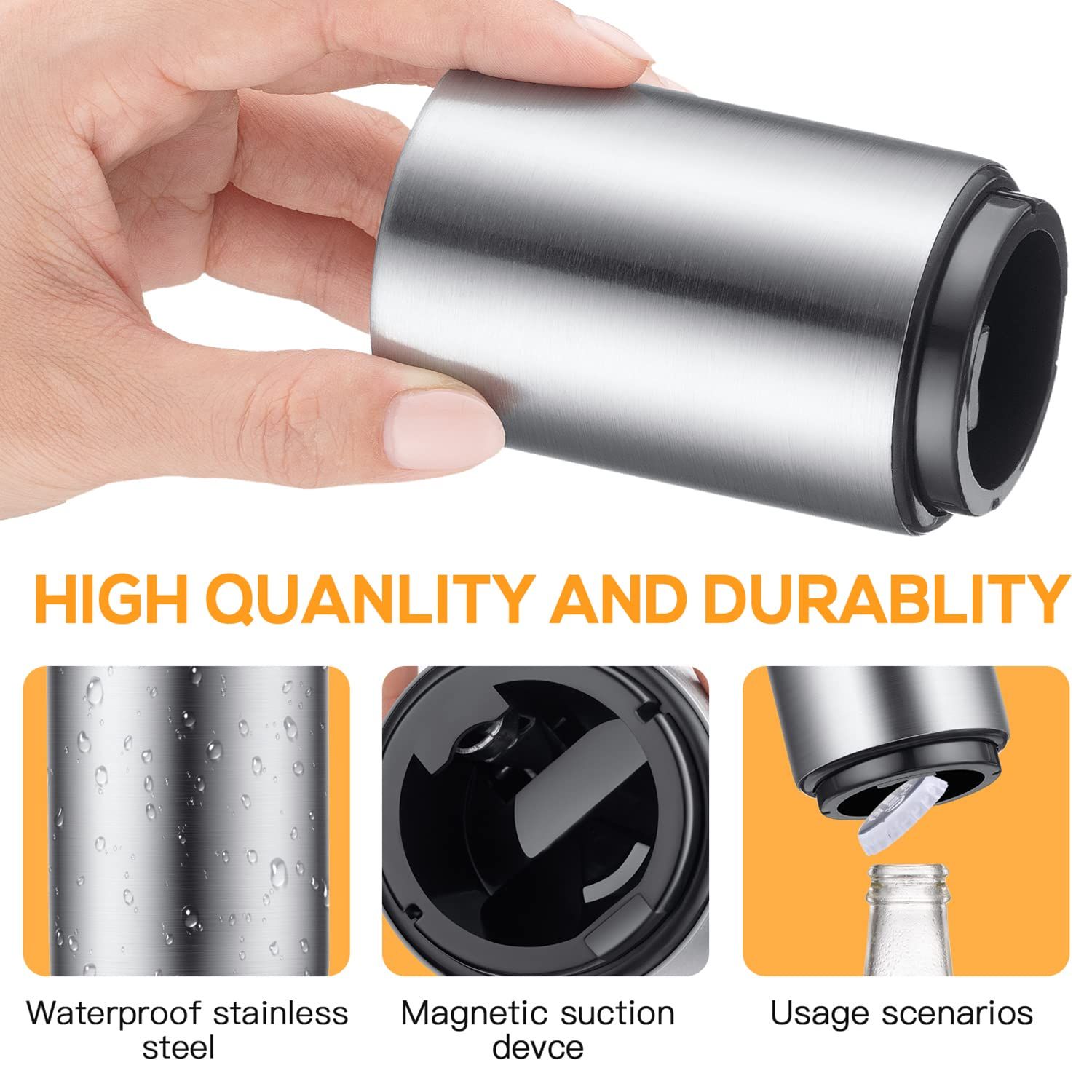 Premium Beer Bottle Opener (Silver),Stainless Steel Automatic Push Down No Damage Quick to Open Small Portable Bottle Cap Openers — image 3