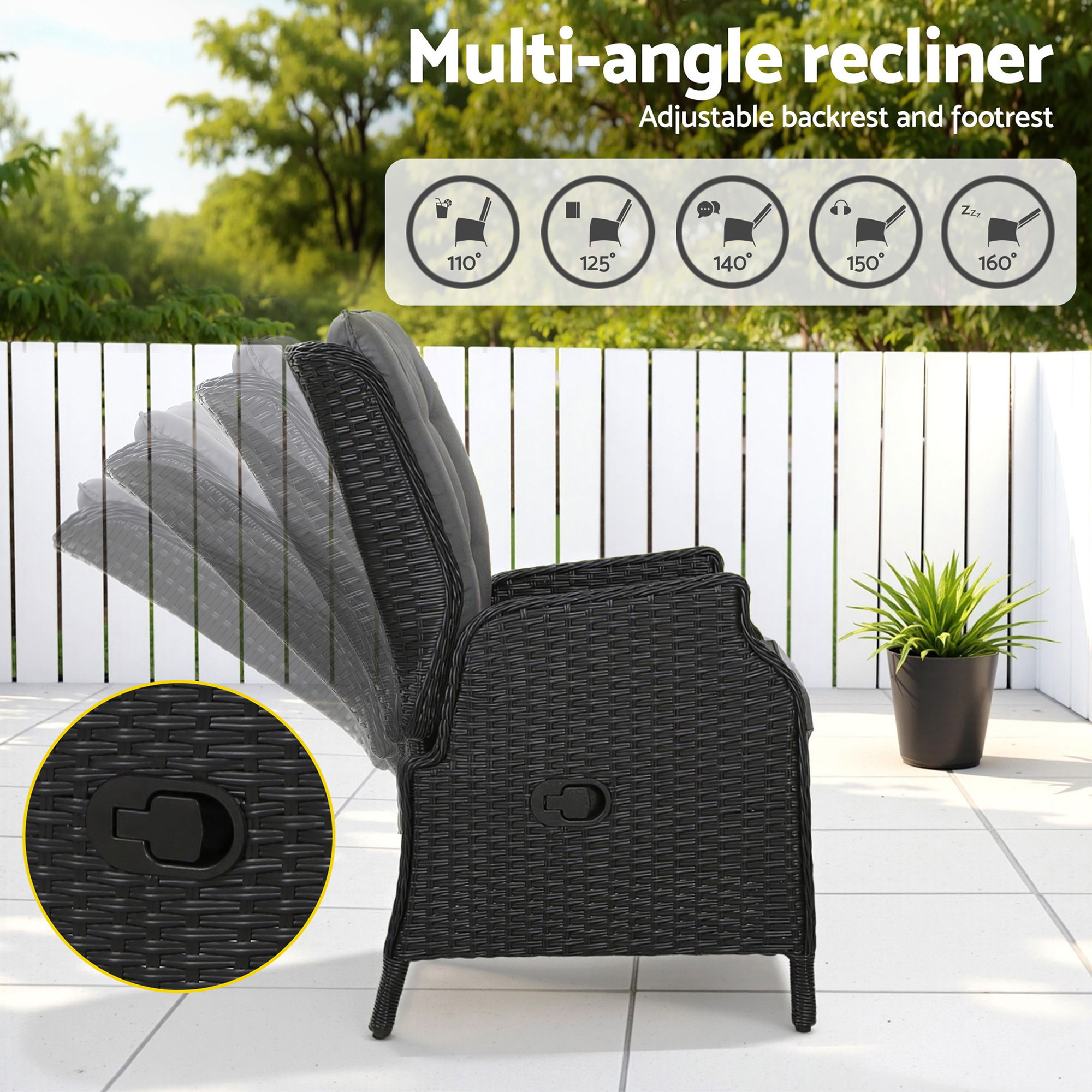 Gardeon Recliner Chair Sun lounge Wicker Lounger Outdoor Furniture Patio Adjustable Black — image 6