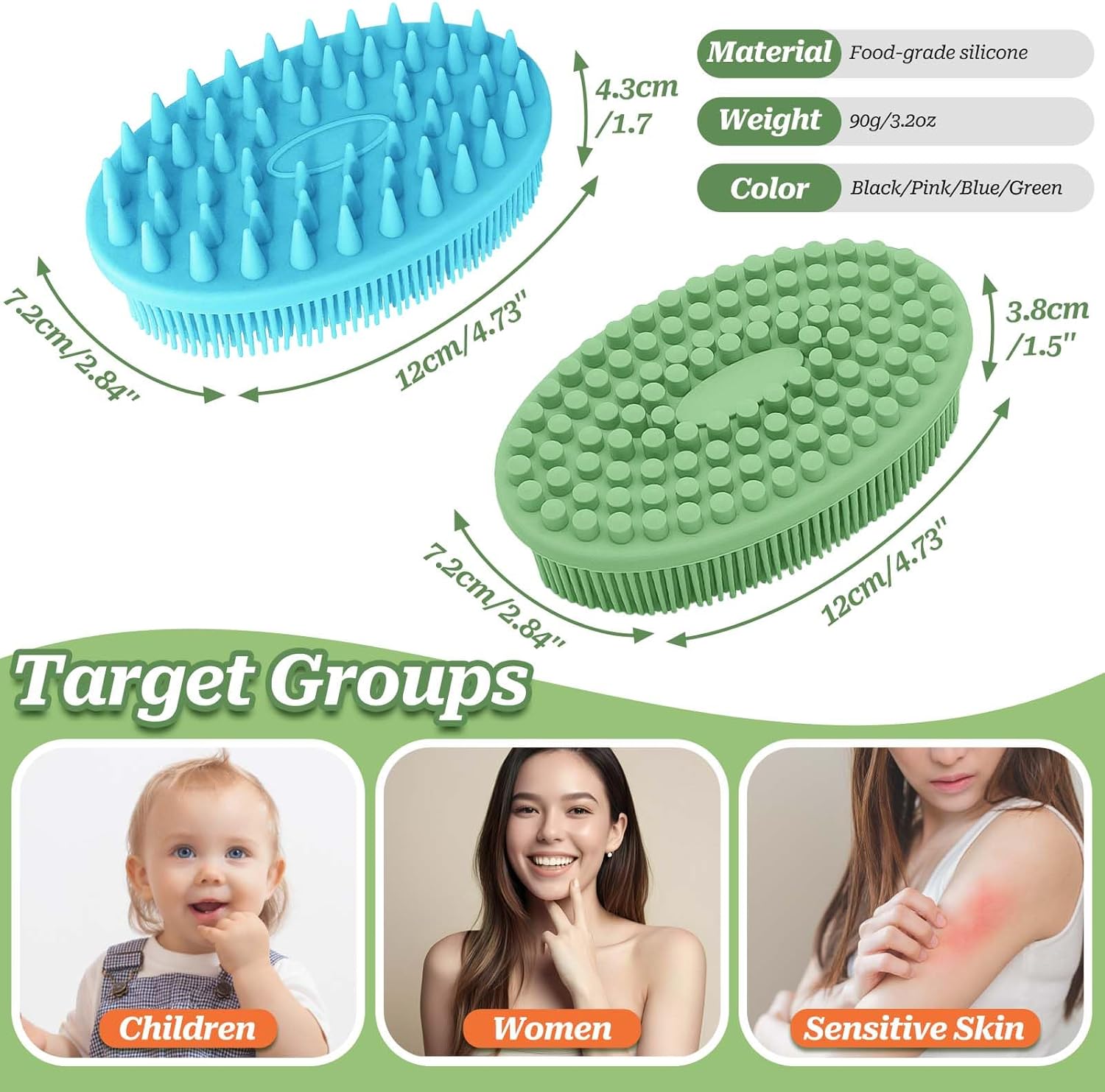 Soft Silicone Body Scrubber 2PCS, Dual-Side Silicone Loofah for Shower, Gentle Loofa Alternative, Replaceable Brush Head to be Used alone or with Long Handle â image 2