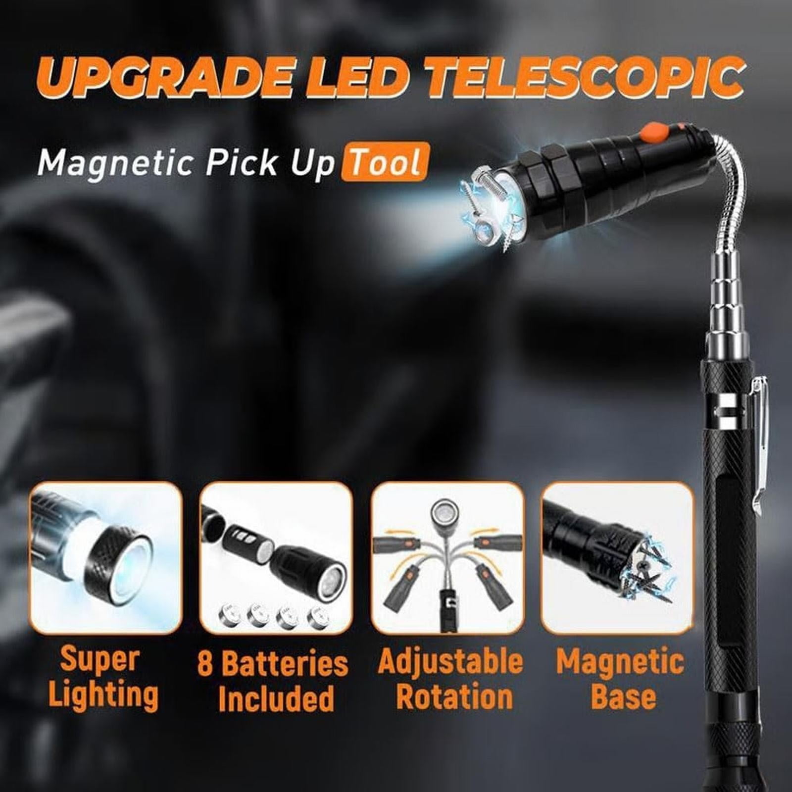 1 Piece Magnetic Pickup Tool, Gifts for Men, Telescoping Magnet Flashlight, Gifts Idea & Stocking Stuffers for Men, Black, 59.9 cm โ image 3