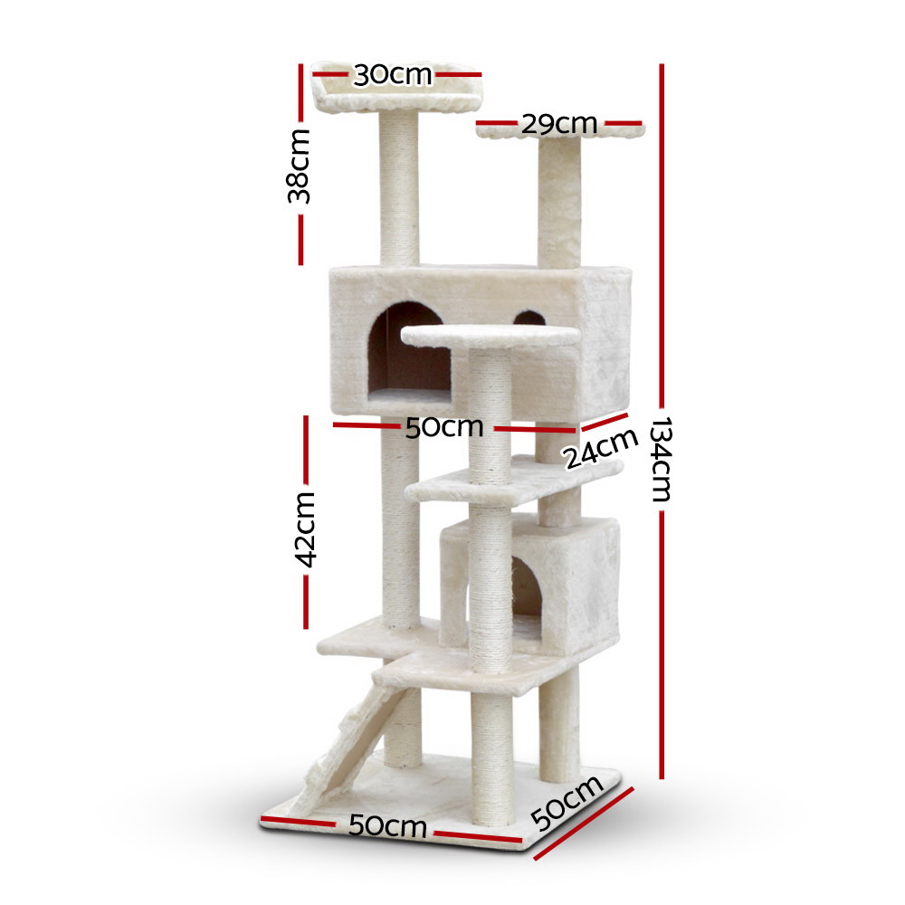 i.Pet Cat Tree 134cm Tower Scratching Post Scratcher Wood Condo House Bed Beige โ image 2