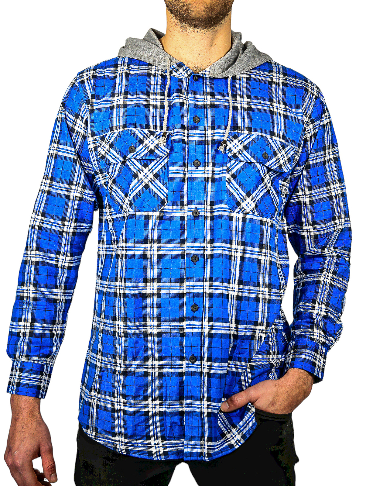 Mens Cotton Flannelette Shirt w Jersey Hood Long Sleeve Flannel - Spanish Blue โ image 2