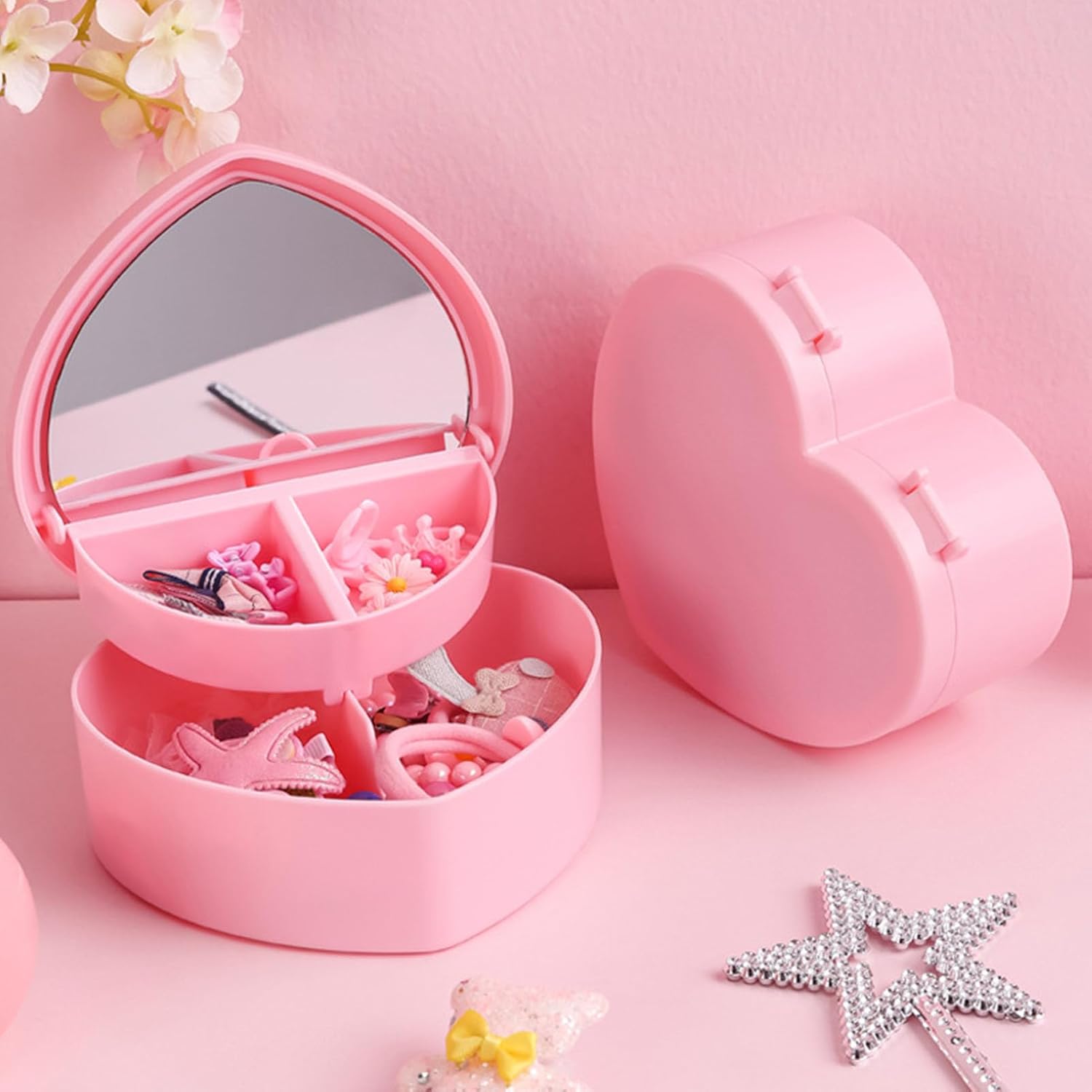 Girls Jewelry Box, 2 Layer Holder Organizer Heart Shape Portable Case with Mirror Travel for Earrings Rings Necklaces โ image 4
