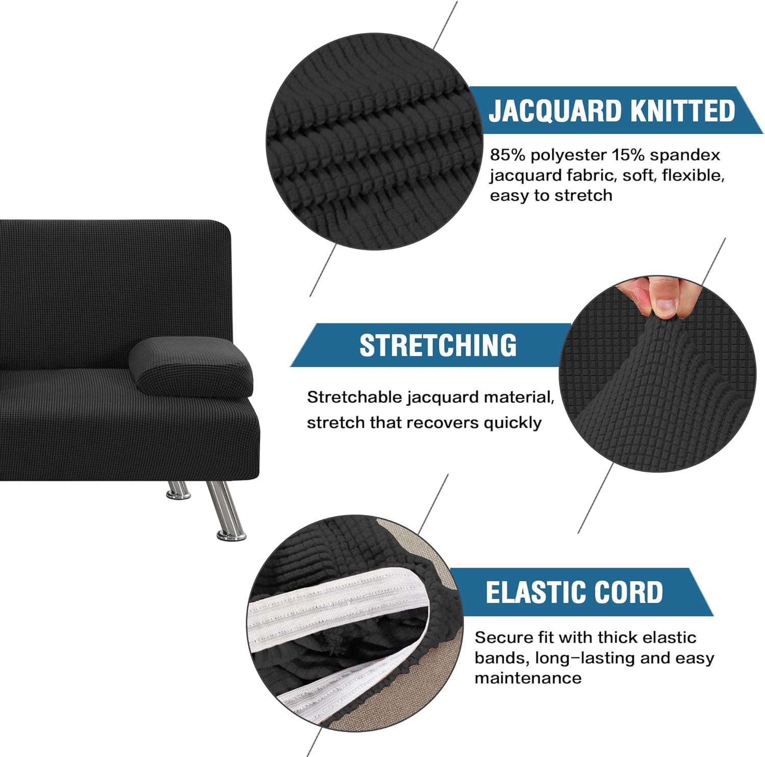 4 Pieces Stretch Futon Covers Sofa Bed Slipcover with Removable Armrests and Cupholders Covers Furniture Protector High Spandex Small Checks Jacquard Fabric — image 4