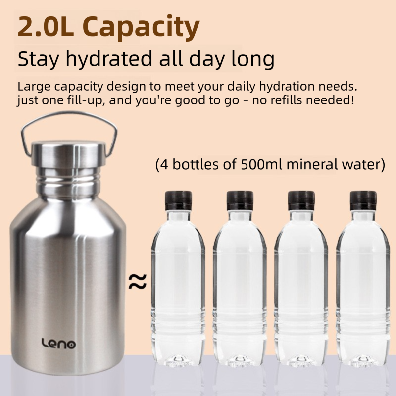 2L Large Capacity Outdoor Sports Adventure Water Bottle - Food-Grade 304 Stainless Steel with Portable Handle & 7cm Wide Mouth, 2 Pack — image 2