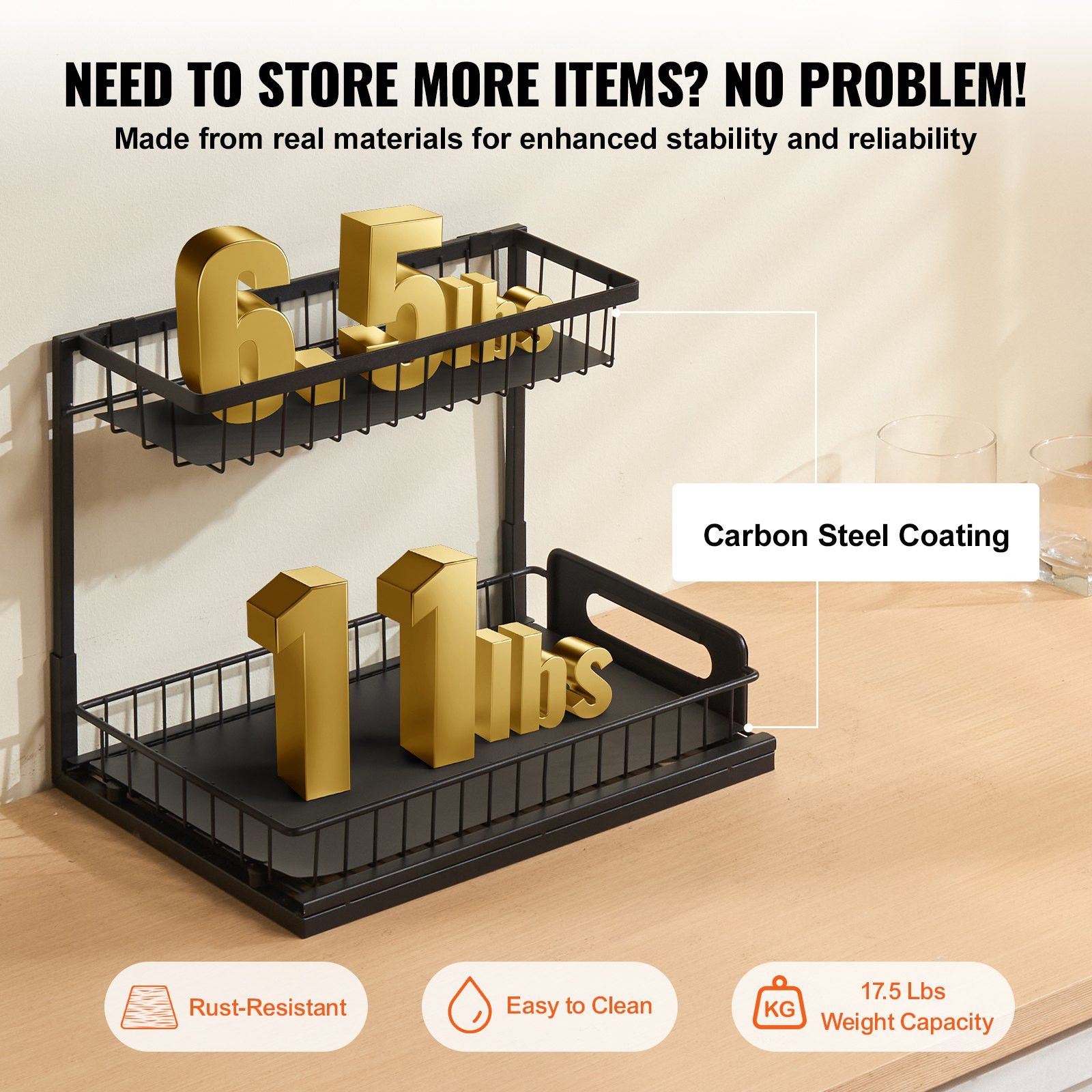 2-Tier Pull Out Cabinet Organizer, 10.7"W x 14.2"D, Under Sink Slide Out Drawer Storage, Wire Basket Sliding Shelf, Space-Saving Kitchen Cabinet Organizer โ image 4