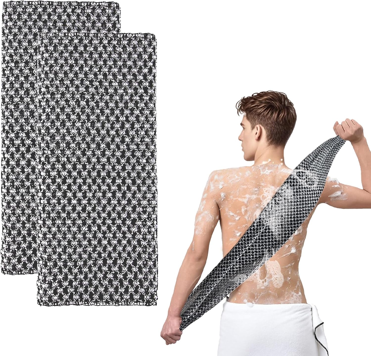 Extra Long Exfoliating Cloth, Deep Cleaning Exfoliating Towel, Reusable Exfoliating Body Scrubber (2 Pcs Black)