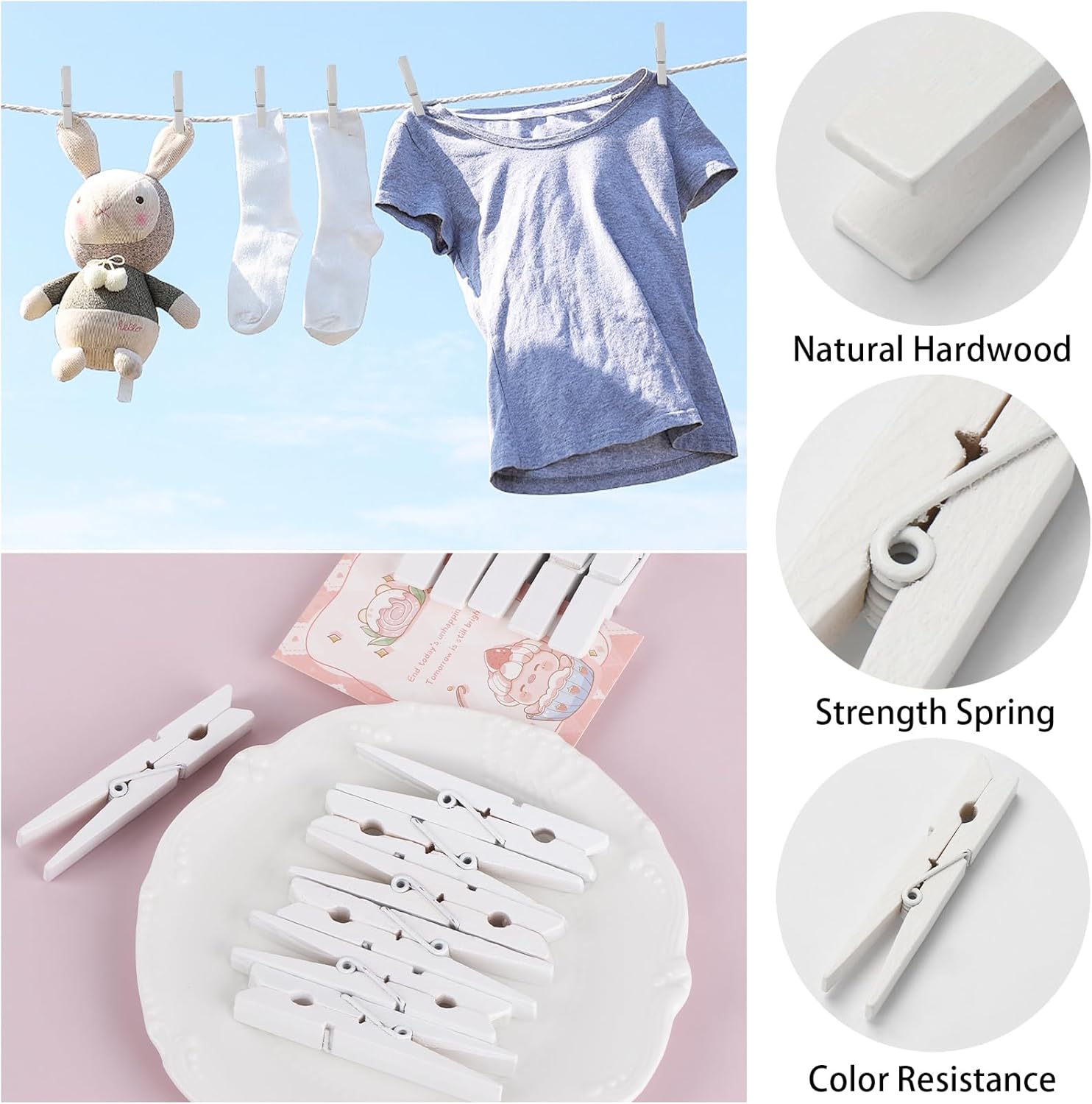 50Pcs White Wooden Clothespins, 2.9 inch Clothes Pins for Crafts, Natural Laundry Hanging Clips, DIY Cheer Pin — image 3
