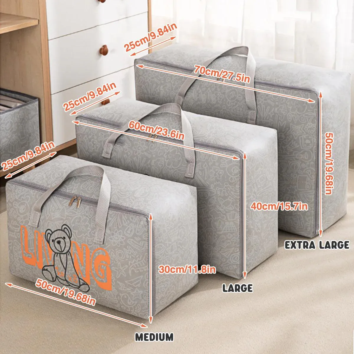 2pcs Cartoon Bear Luggage Organizer Storage Bags Blanket Quilt Closet Box Set - White-M — image 4