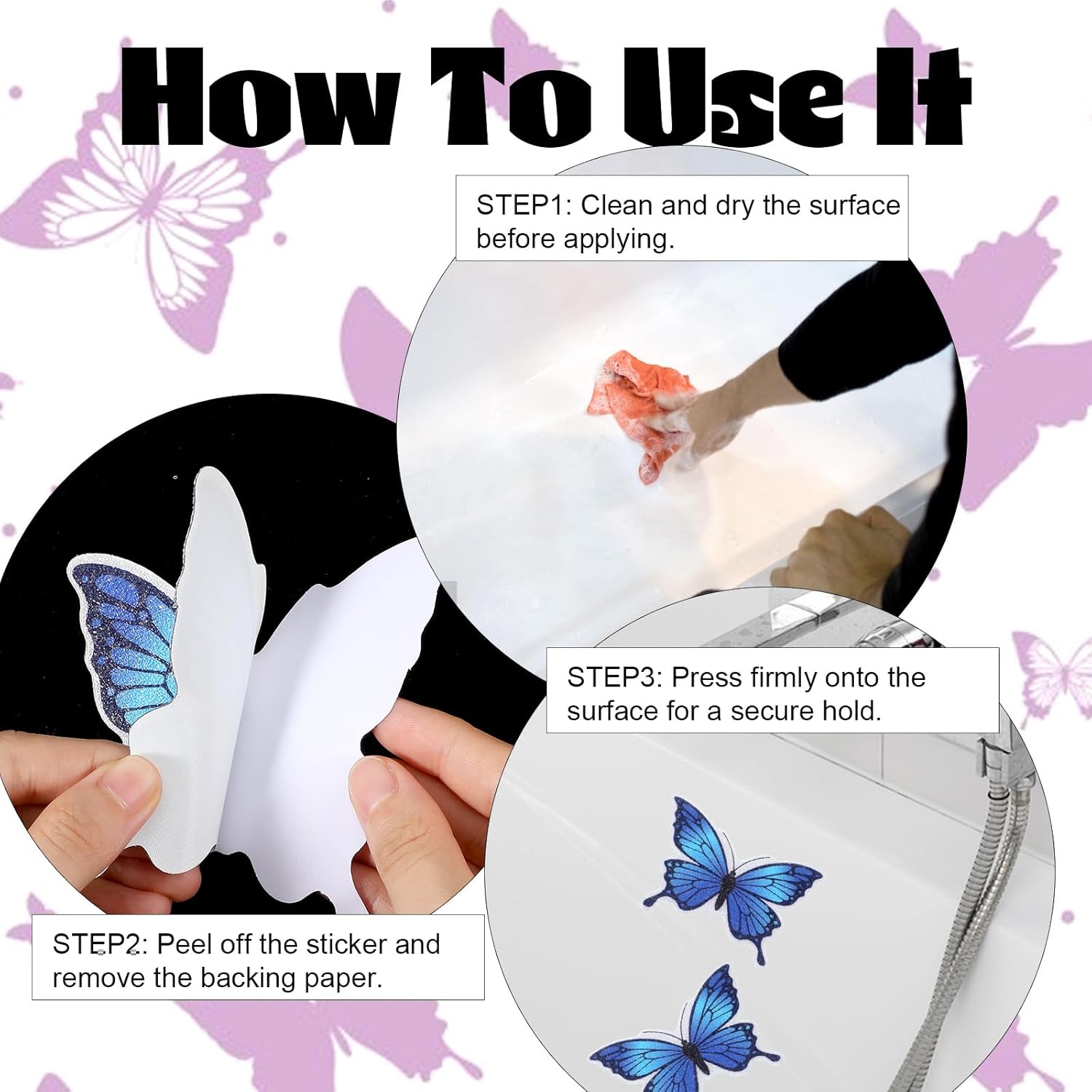 20 PCS Butterfly Non Slip Bathtub Stickers, Adhesive Anti Slip Decal Treads for Shower & Bath Tub with Scraper for Safety Bathroom Tubs, Shower Floor — image 4