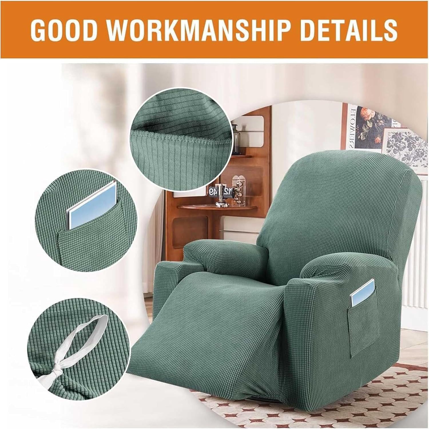 Recliner Slipcover High Stretch Soft Jacquard Fabric with Side Pocket for Standard Power Lift Recliner Green, Letter C Option โ image 4
