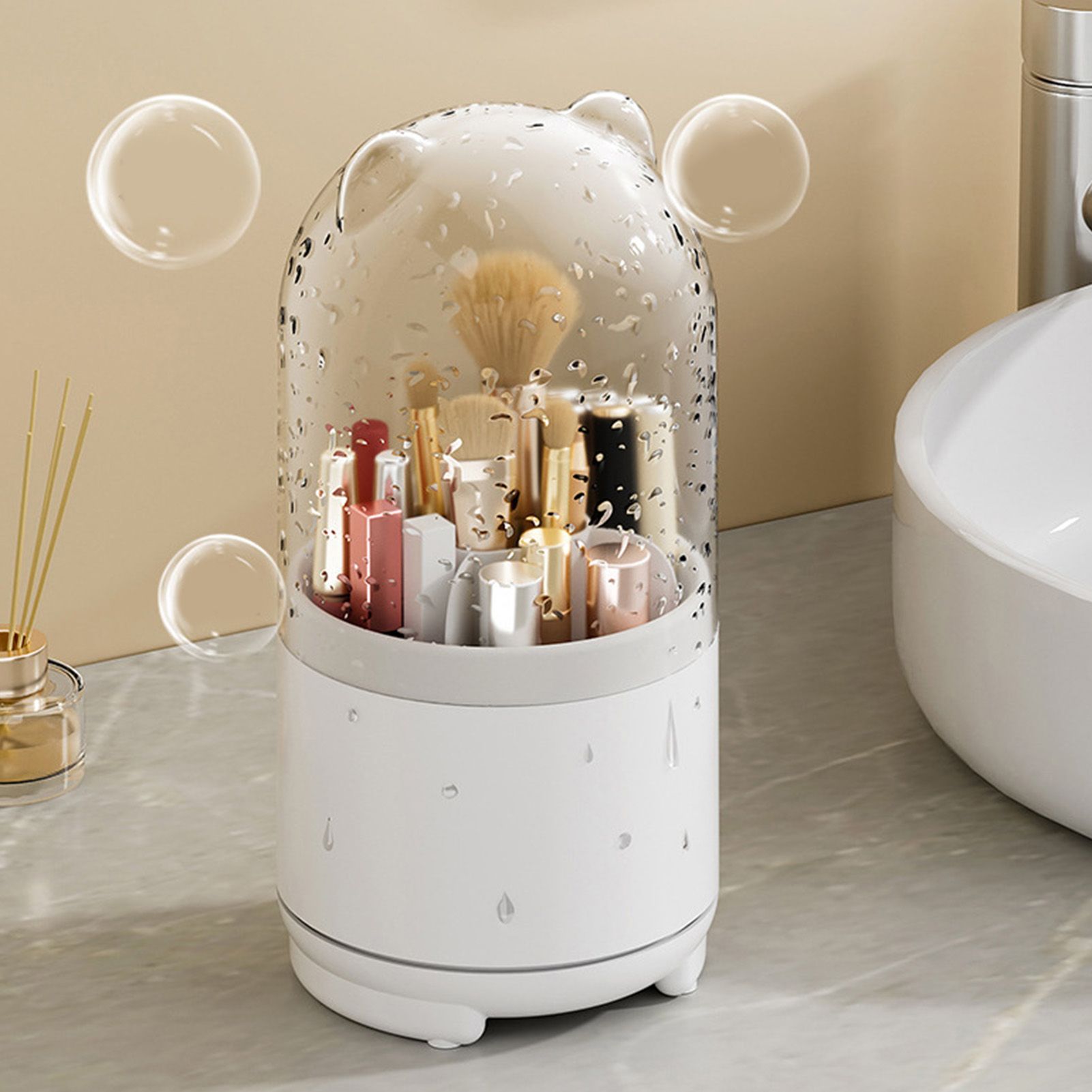 Makeup Brush Storage Container 360 Degree Rotating Dust Prevention Transparent Lid Large Capacity Makeup Brush Holder White — image 6