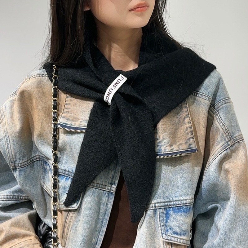 2-Piece Black Elegant Wool Blend Triangle Scarf - Luxurious Knit Shawl for Women (39 × 110cm)