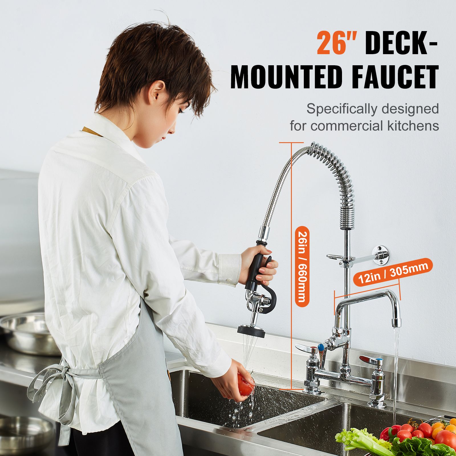 Commercial Faucet with Pre-Rinse Sprayer, 26" Height, 8" Center, 12" Swing Spout, Deck Mount Kitchen Sink Faucet, Brass Constructed Device with Pull Down — image 2