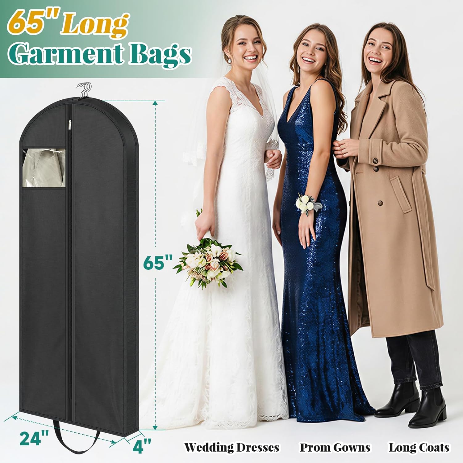 65" Long Garment Bags for Travel, Dress Hanging Clothes, Wedding Cover Women, Closet Storage Gowns, Coats, Black, 4 Pack — image 3