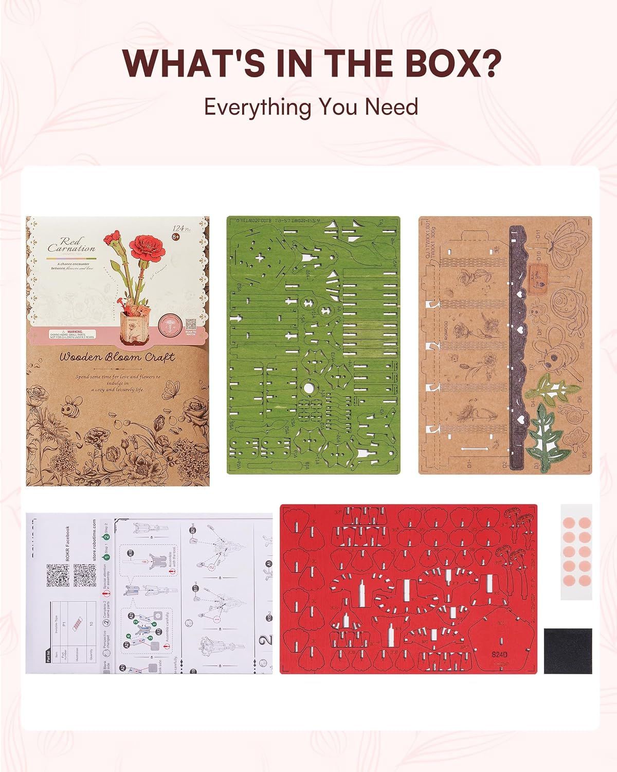 3D Flower Wooden Puzzles for Adults-Red Carnation, DIY Wooden Flowers Model Kit Building Set Crafts for Adults to Build, Botanical Collection/Ideal — image 5