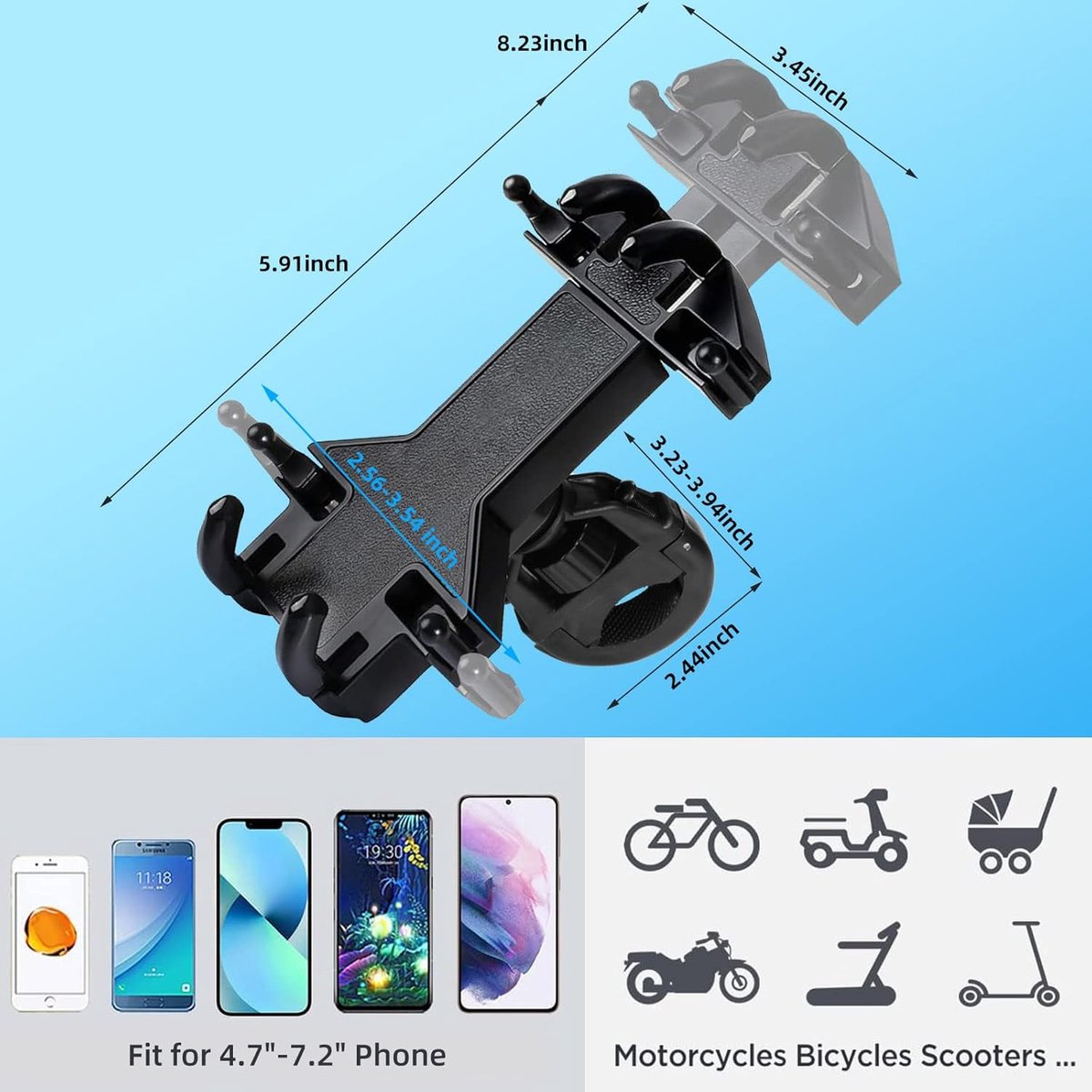 Motorcycle phone mount - Bicycle phone mount - Heavy-duty clamp for motorcycle handlebars - One-handed operation - Scooter phone mount - For phones from 4.7" — image 3