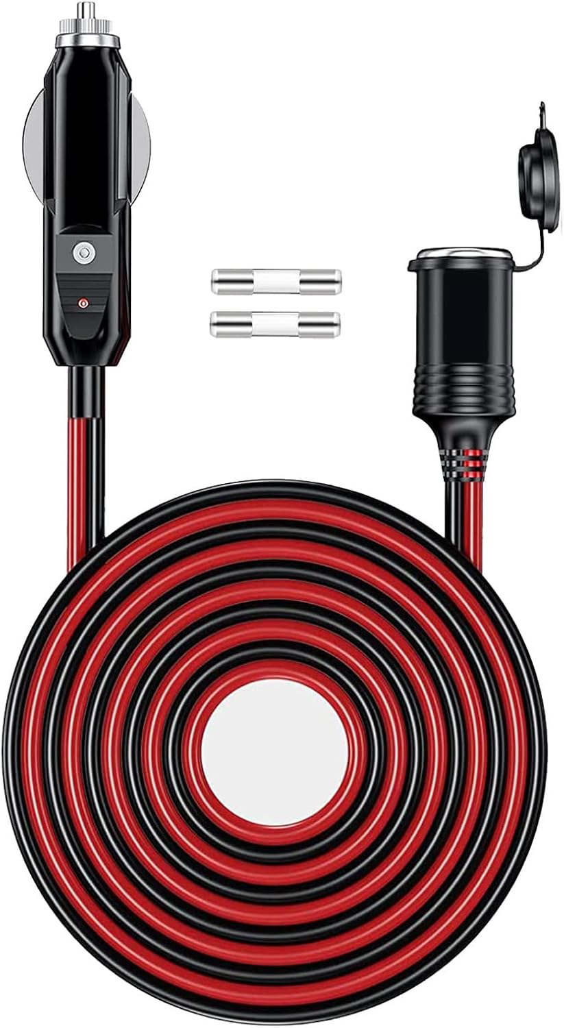 12V/24V 16AWG Heavy Duty Cigarette Lighter Extension Cable 13FT, 156W/15A Male Plug to Female Socket Adapter Extension Cord with LED Lights (Built-in 15A Fuse