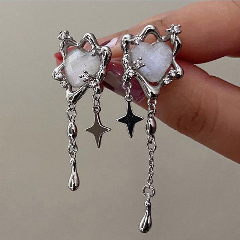 Aesthetic silver glitter flower tassel star shaped women's Gothic heart pendant earrings tassel earrings — image 2