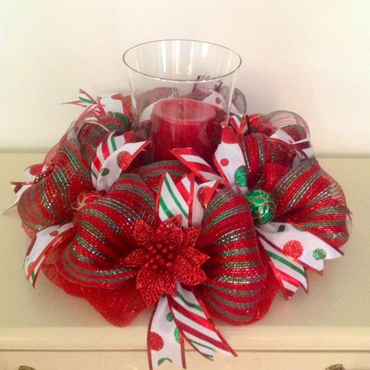 Red and Green Mesh Ribbon - 10 Inch Metallic Foil Stripe Decor for Christmas Tree, Wreaths, DIY Crafts, Valentine's Day β image 6