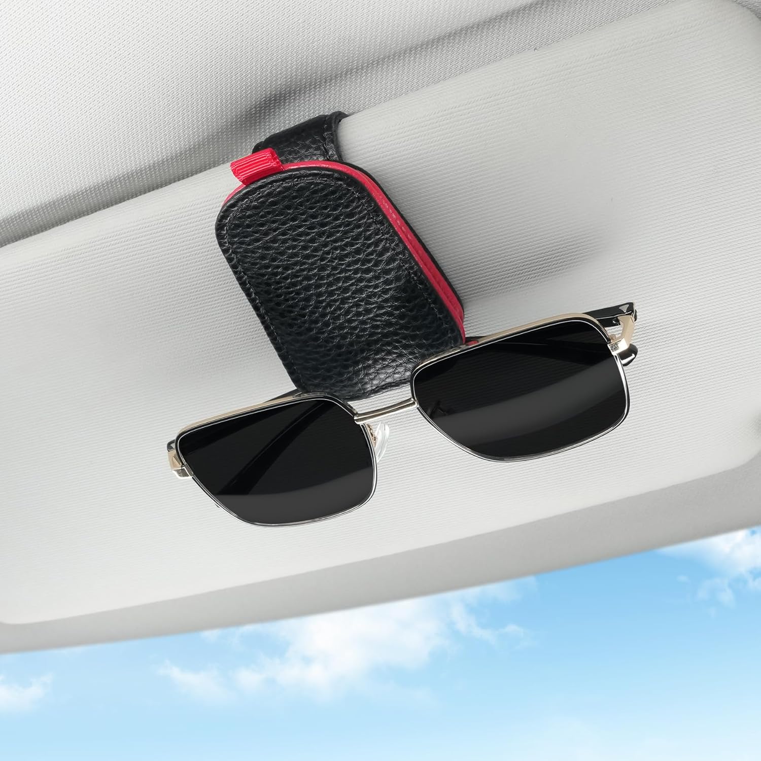 Sunglasses Holder for Car, Leather Magnetic Buckle Sun Visor Sunglass Clip, Ticket Card Storage Glasses Car Interior Accessories Men and Women(Black-red) — image 2