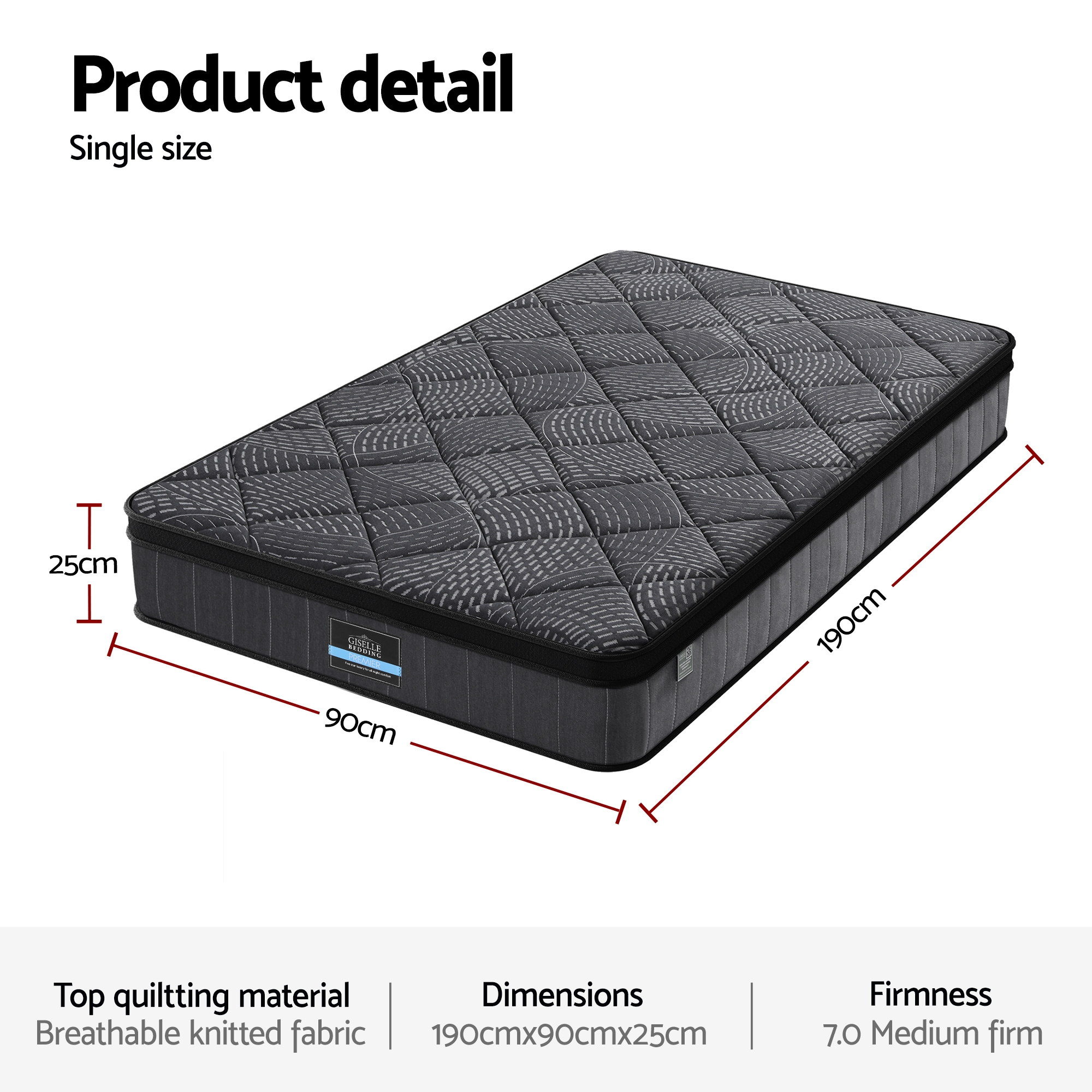 Giselle Bedding Single Mattress 25cm Pocket Spring Latex Euro Top Medium Firm Bed — image 3