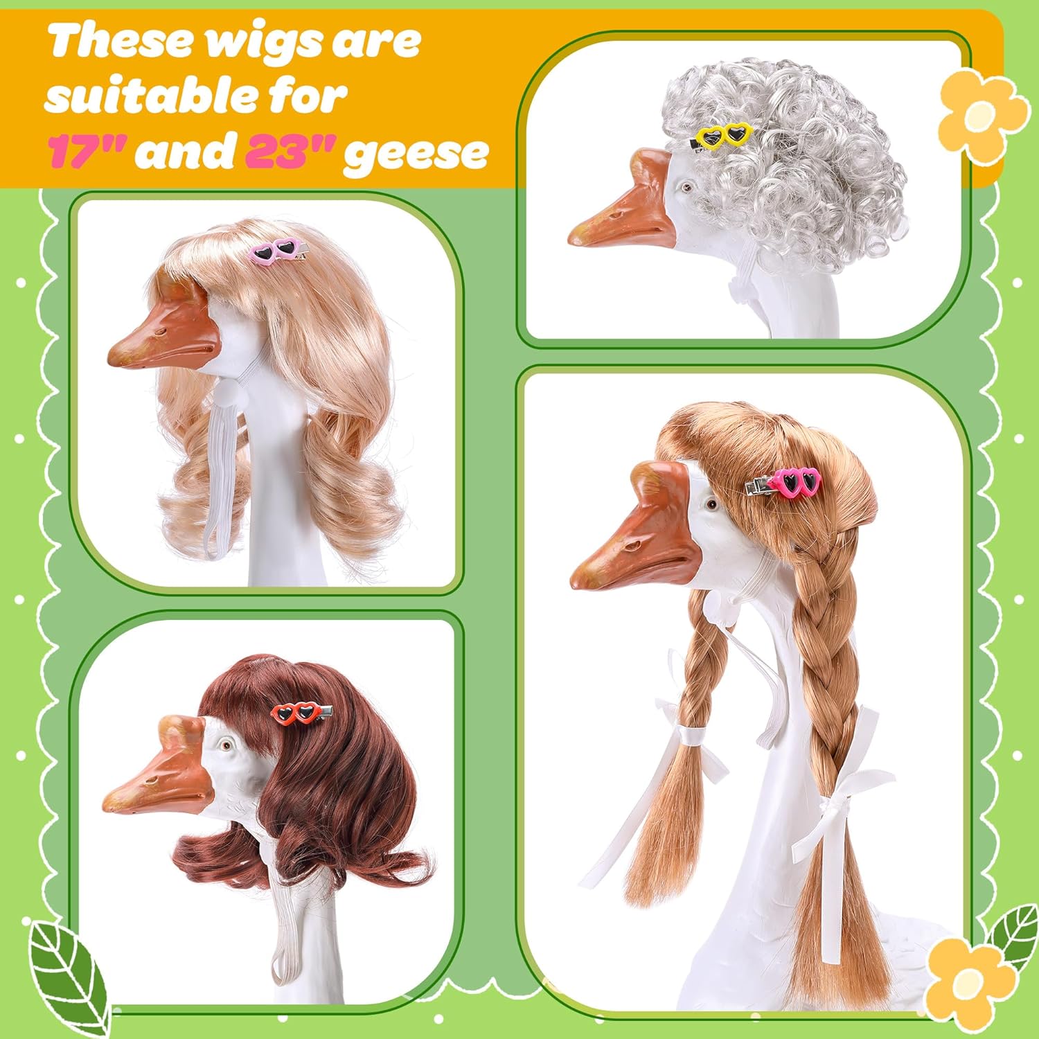 4 Pcs Porch Goose Wigs with Hair Clips, Cute Lawn Goose Statue Braid Wig, Porch Goose Outfits Costume for Outdoor Garden Patio Yard Goosey Decoration — image 2