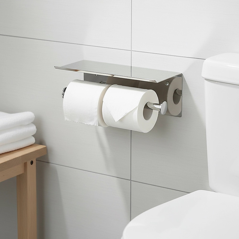 Stainless Steel Double Toilet Paper Holder Towel Roll Tissue Rack Storage Shelf โ image 5