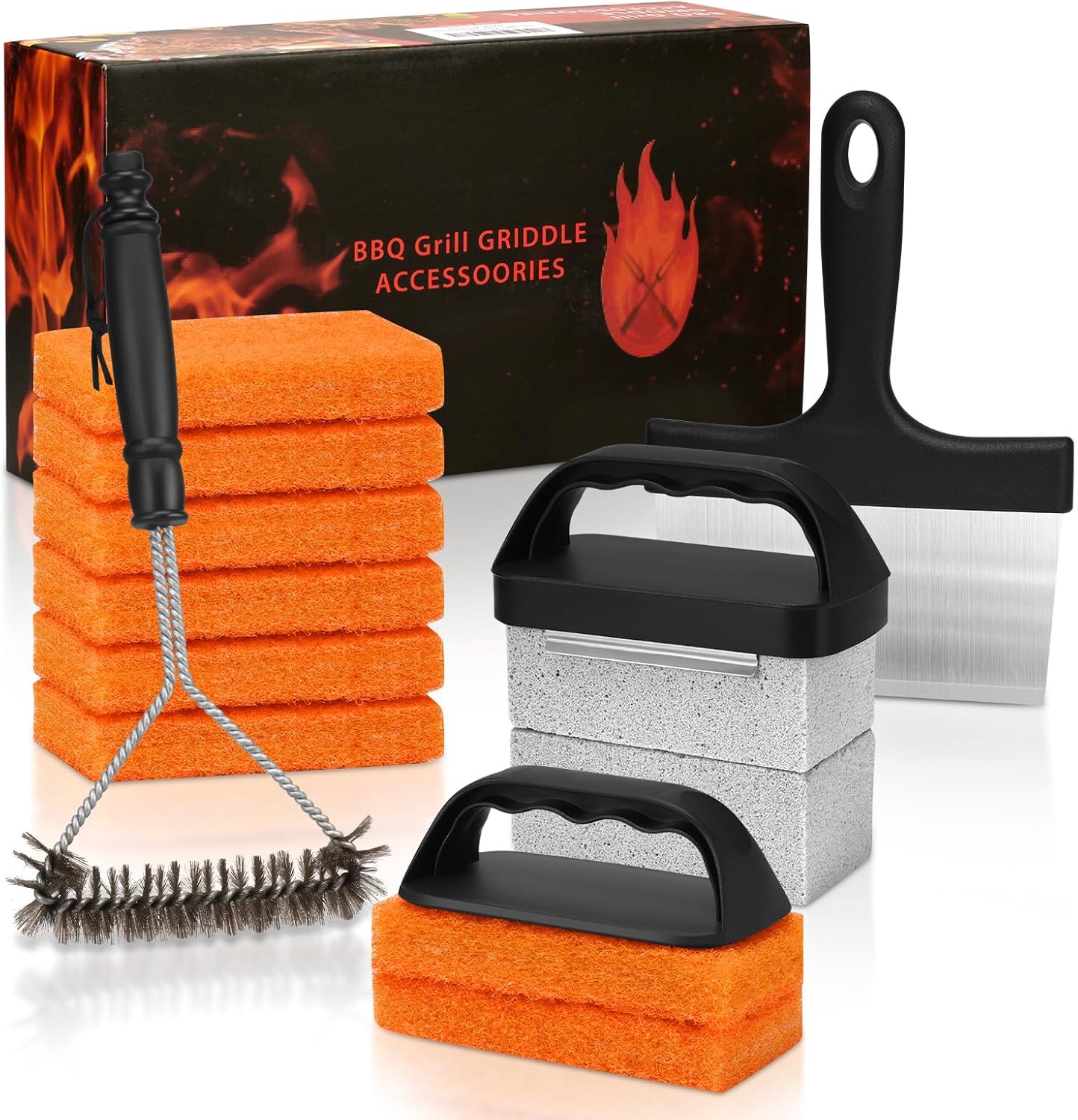 Griddle Cleaning Kit for Blackstone, Flat Top Grill Accessories Cleaner Tool Set Grill Stone, Griddle Scraper, Scouring Pad and Handles, Multifunctional