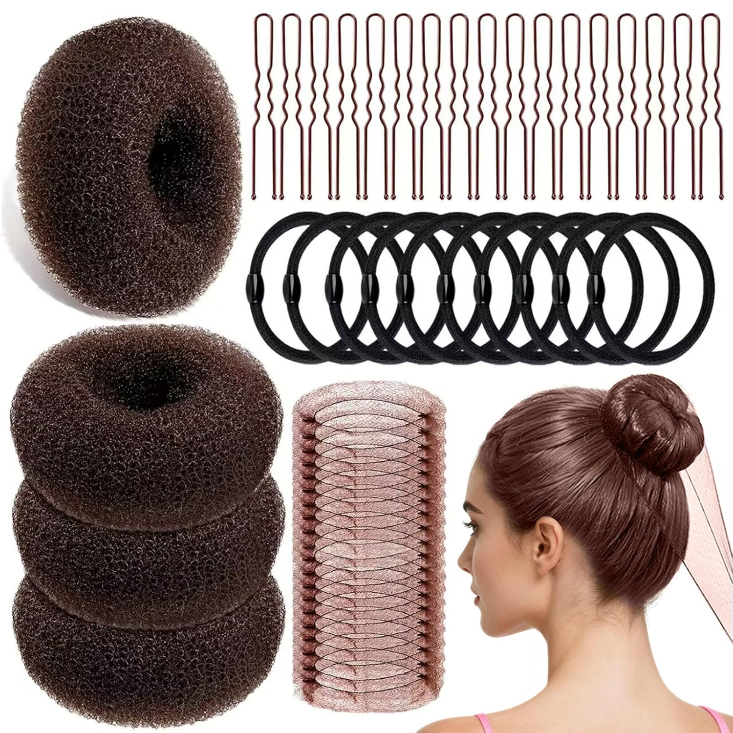 134 Pcs Brown Hair Bun Maker Kit Medium - 4 Bun Hair Pieces for Women, 20 Hair Net for Buns, 100 Bobby Pins for Women, 10 Hair Bands, for Ballet Styling, Hair