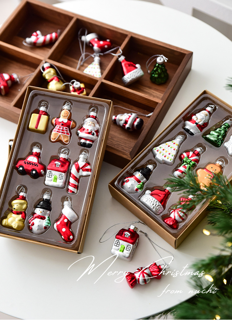Style A Colorful Charming Miniature Glass Christmas Ornament Set - 9pc Classic Holiday Figures — image 5