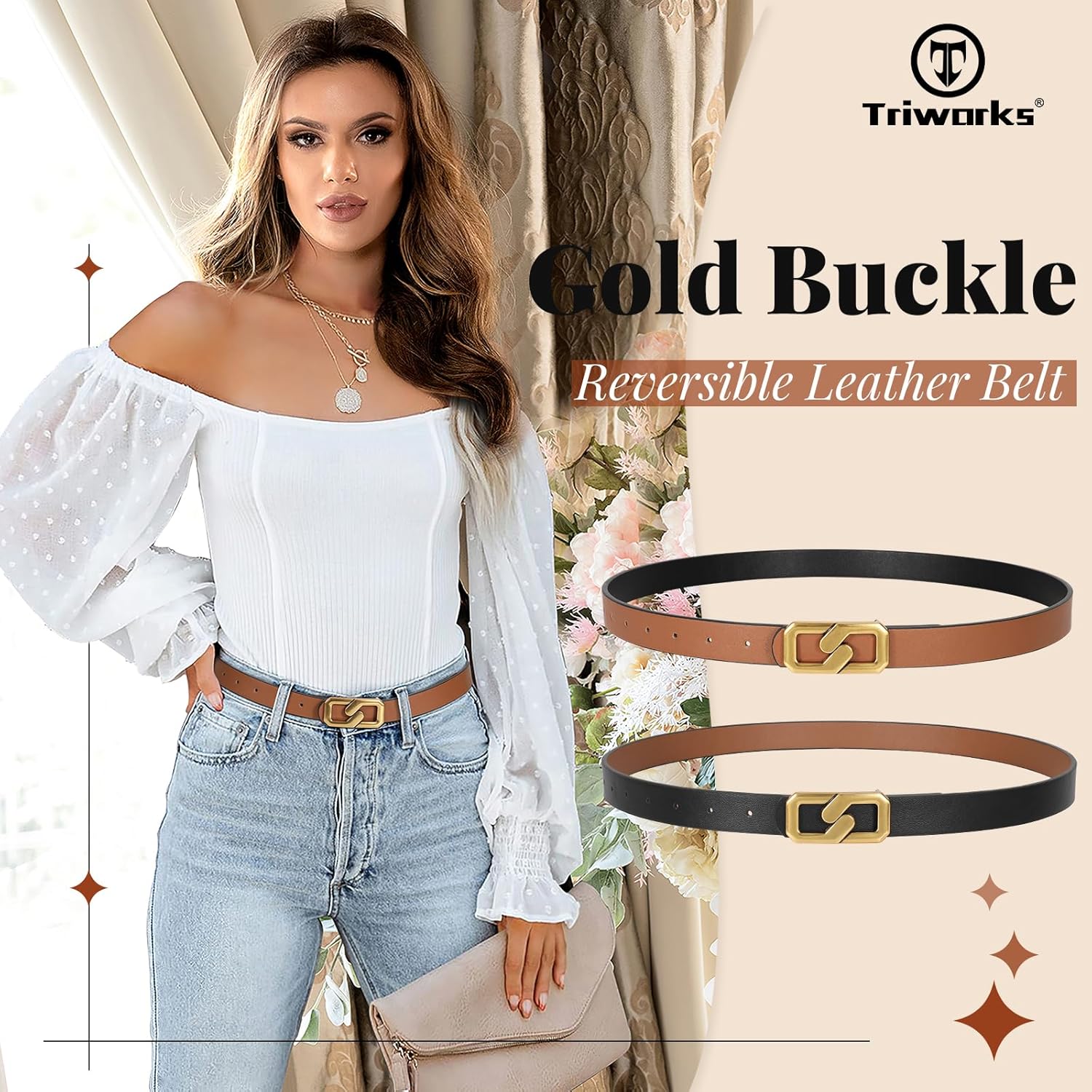 Women Reversible Leather Belt for Jeans, Ladies Waist Belt with Gold Buckle 0.9" Width โ image 5