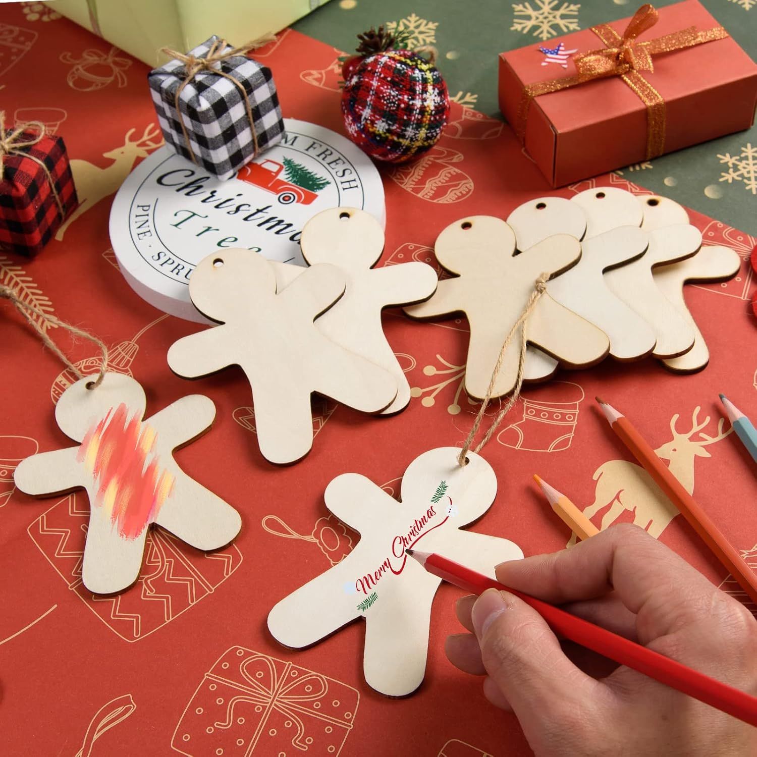 72 Pcs Wooden Gingerbread Man Ornaments Crafts Unfinished Christmas Wood Tags with Ropes Natural Blank Wooden Gingerbread Man Shapes Cutouts for DIY Crafts — image 4