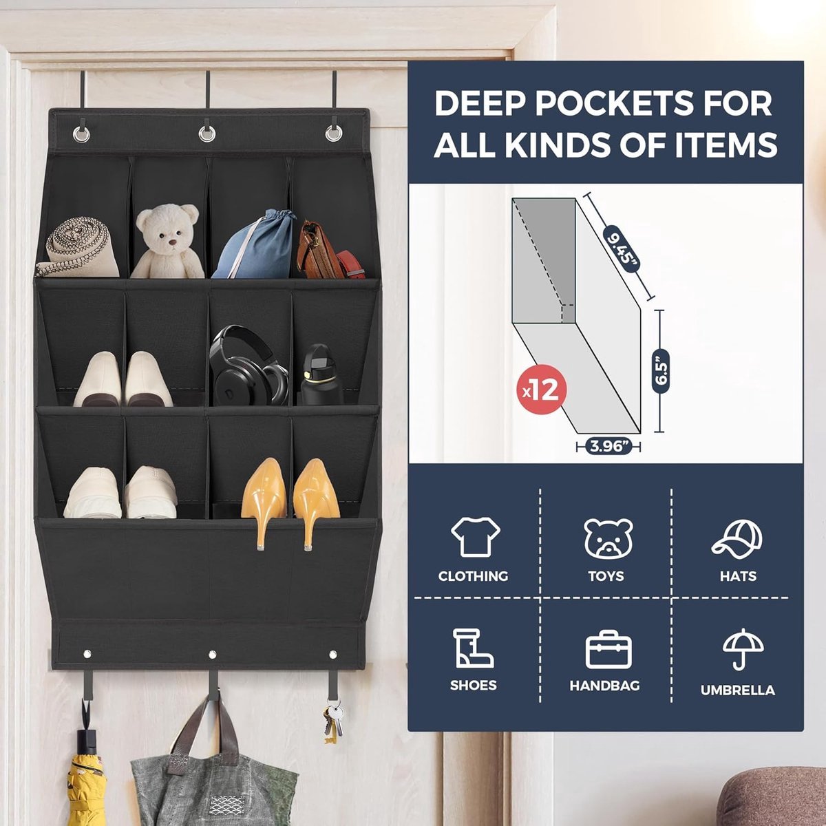 Hanging Shoe Bag - Shoe Organizer - With Hooks - Door Organizer - Over-the-Door Shoe Organizer - Solution for Scattered Stuff - Door Storage Bag โ image 5