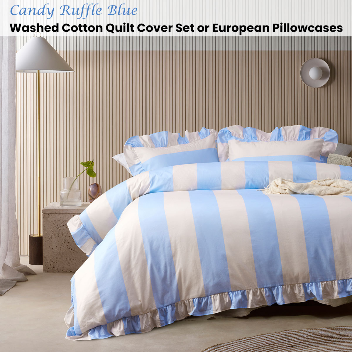Vintage Design Homewares Candy Ruffle Blue Striped Washed Cotton Quilt Cover Set Super King โ image 2