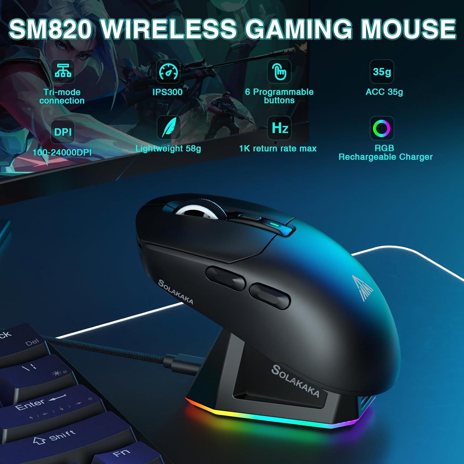 SOLAKAKA SM820 Wireless Gaming Mouse with RGB Charging Dock,24000 DPI Tri-Modes Wireless Mouse,black — image 2
