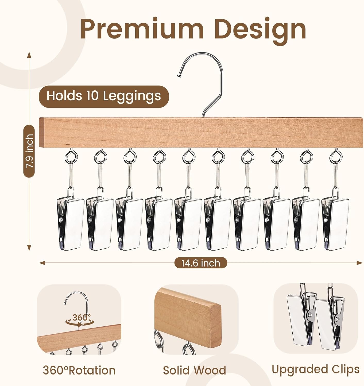 2 Pack Legging Hangers for Closet, Wooden Legging Hanger for Closet Organizer with 20 Upgraded Clips Holds 20 Leggings, 360° Rotatable Space Saving Yoga Pants — image 3