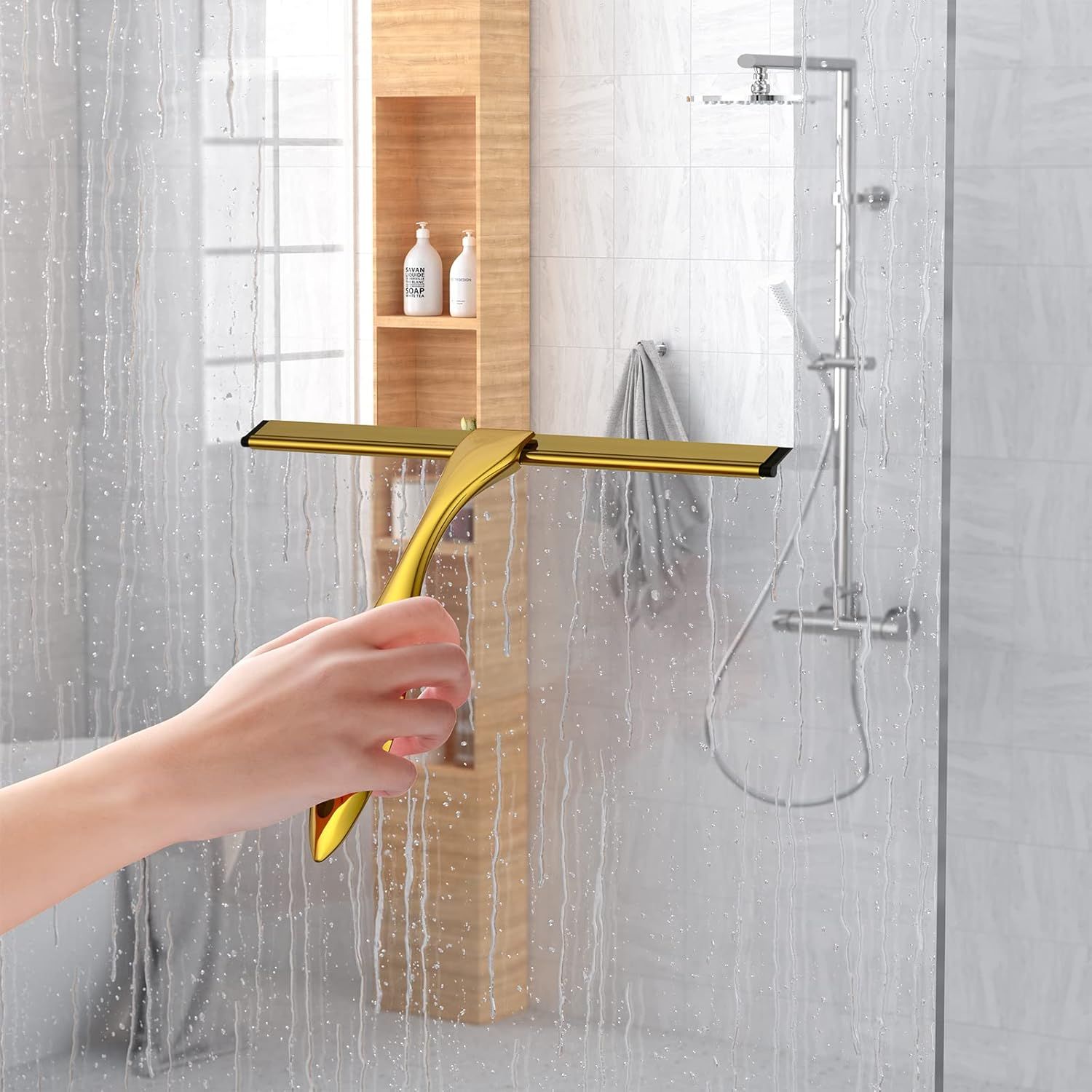 Shower Squeegee and Window Squeegee, Stainless Steel, Cleaner for Bathroom Showers Glass Doors, Home Mirrors, Car Windows Wiper, 10 Inch, Gold — image 4