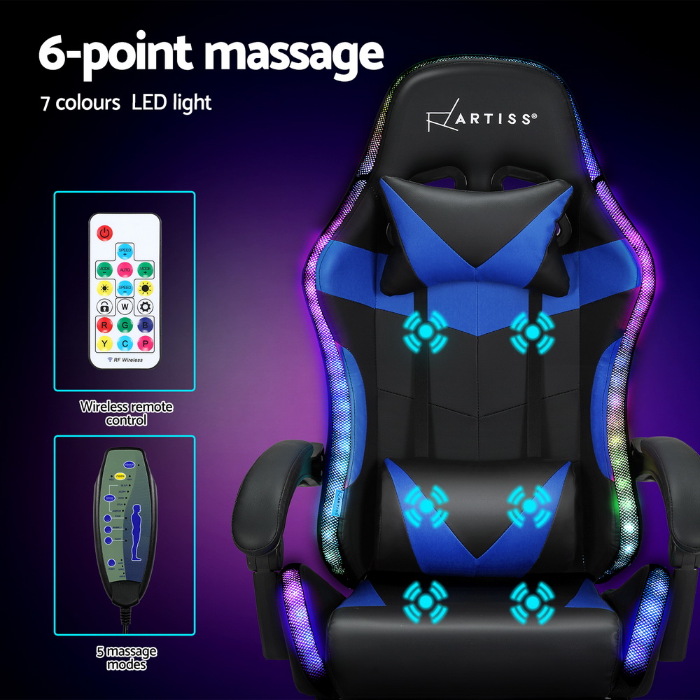 Artiss 6 Point Massage Gaming Office Chair 7 LED Footrest Blue โ image 4