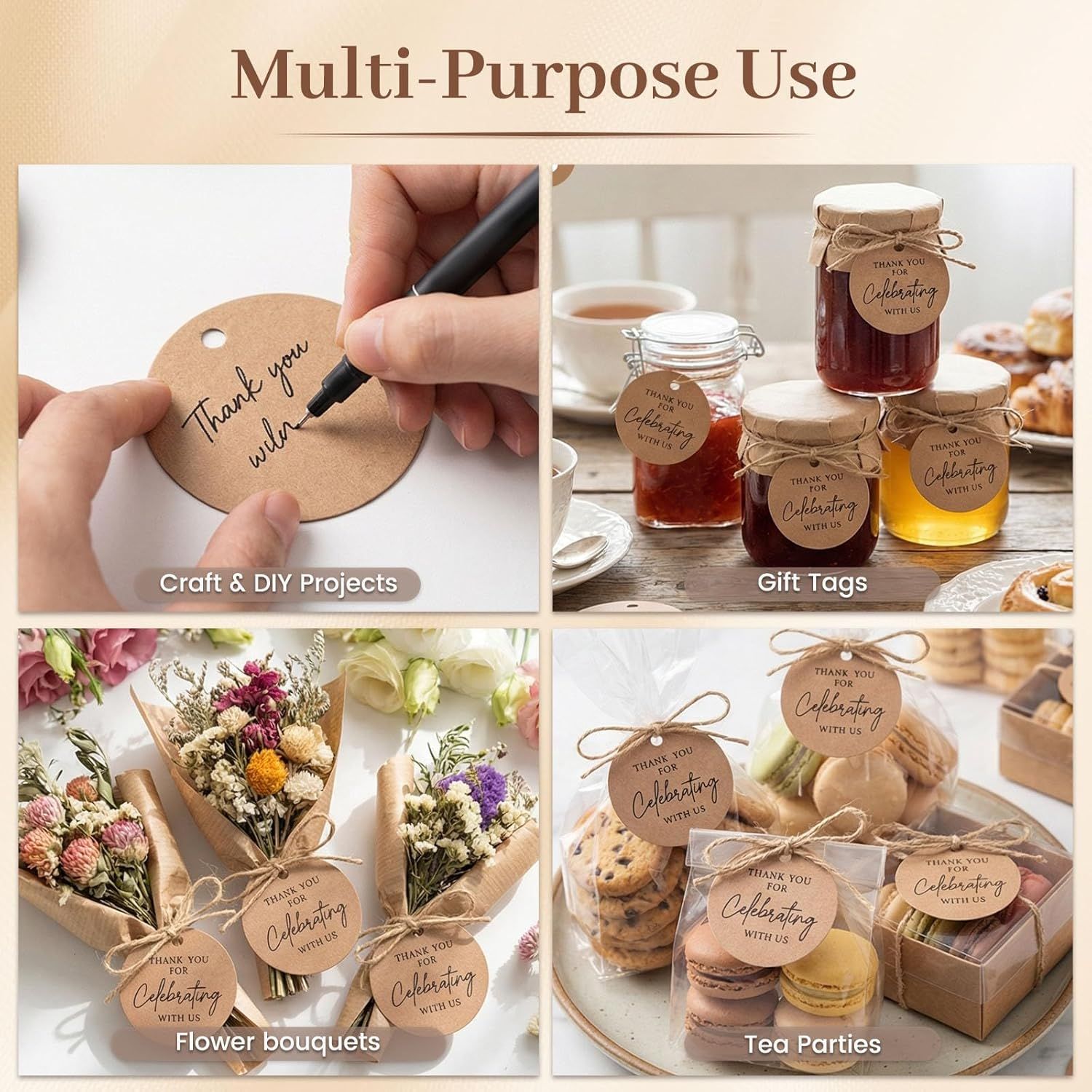 120PCS Thank You Tags, 2inch Brown Round Gift Tags with String, Perfect for Gift Wrapping, Wedding Parties, Baby Shower — image 4