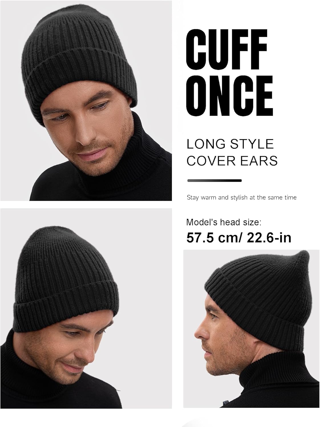 50% Wool Double Cuff Knit Beanie Hat for Men Women, Short Fisherman/Slouchy Warm Winter Skull Cap Trawler Watch Cap โ image 4