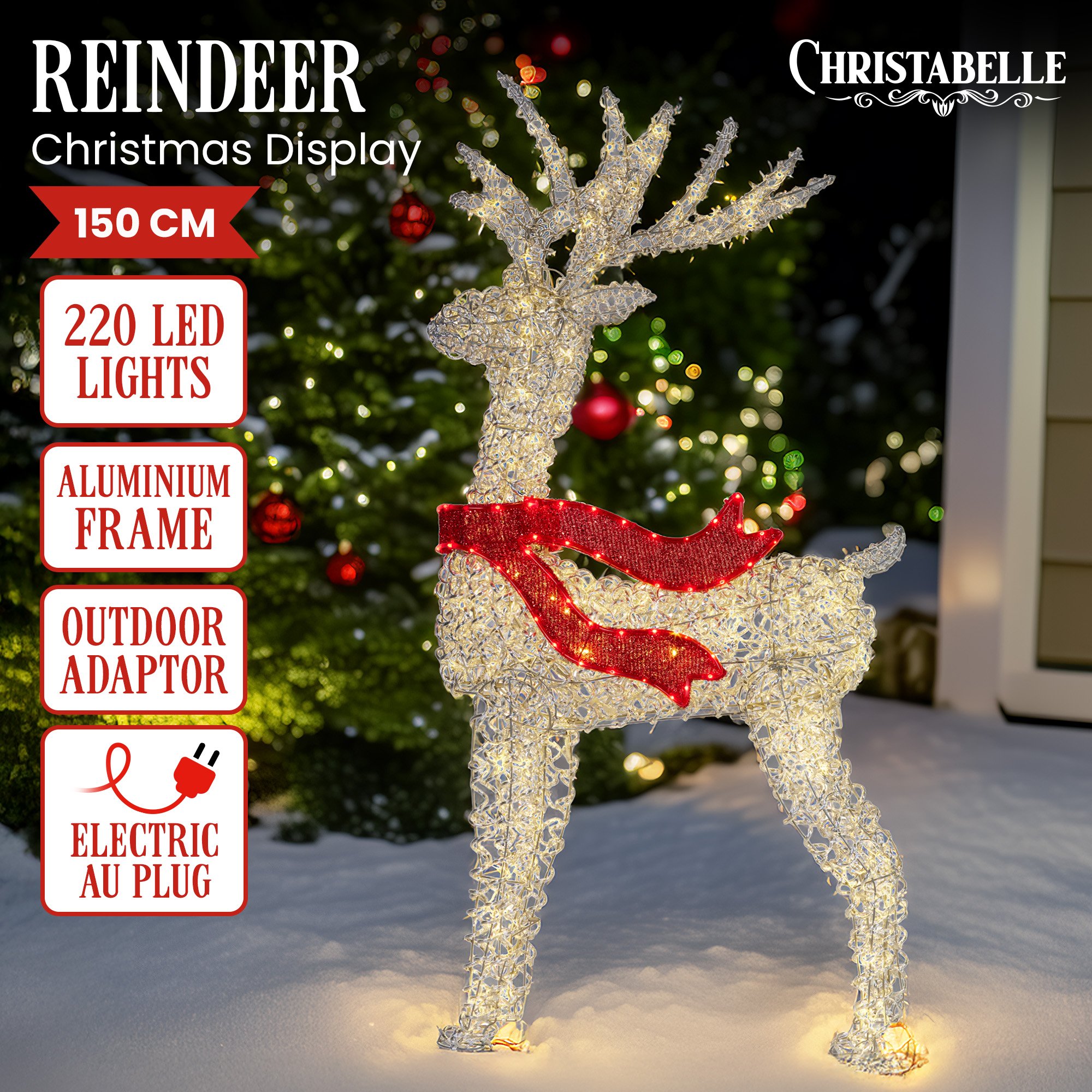 Christabelle Large 1.5m Christmas Reindeer Outdoor Indoor Light-Up Display Decoration Lawn Statue LED Lights Red Bow โ image 2